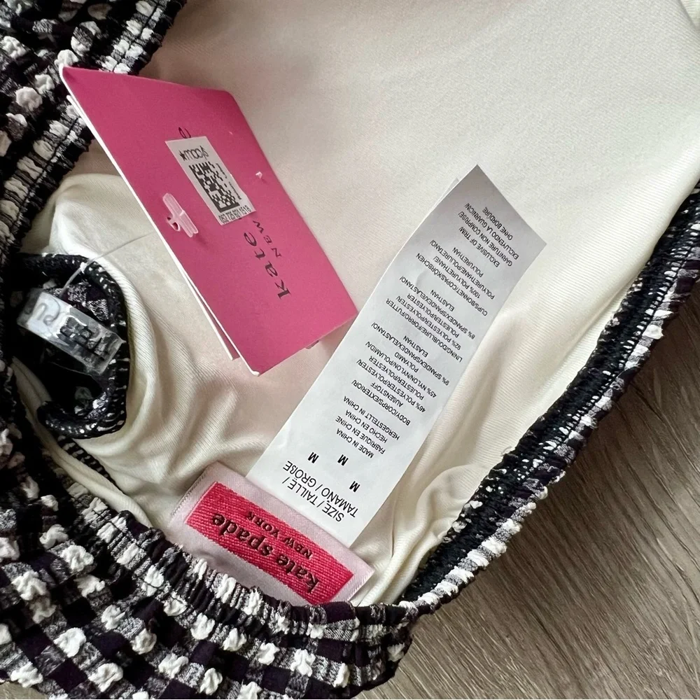 NWT Kate Spade Off The Shoulder Bikini Top Gingham Black White Padded Bandeau M - Picture 9 of 10